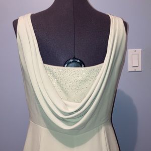 Oblique evening dress, pastel green/sage in colour. Dropped back, size 12